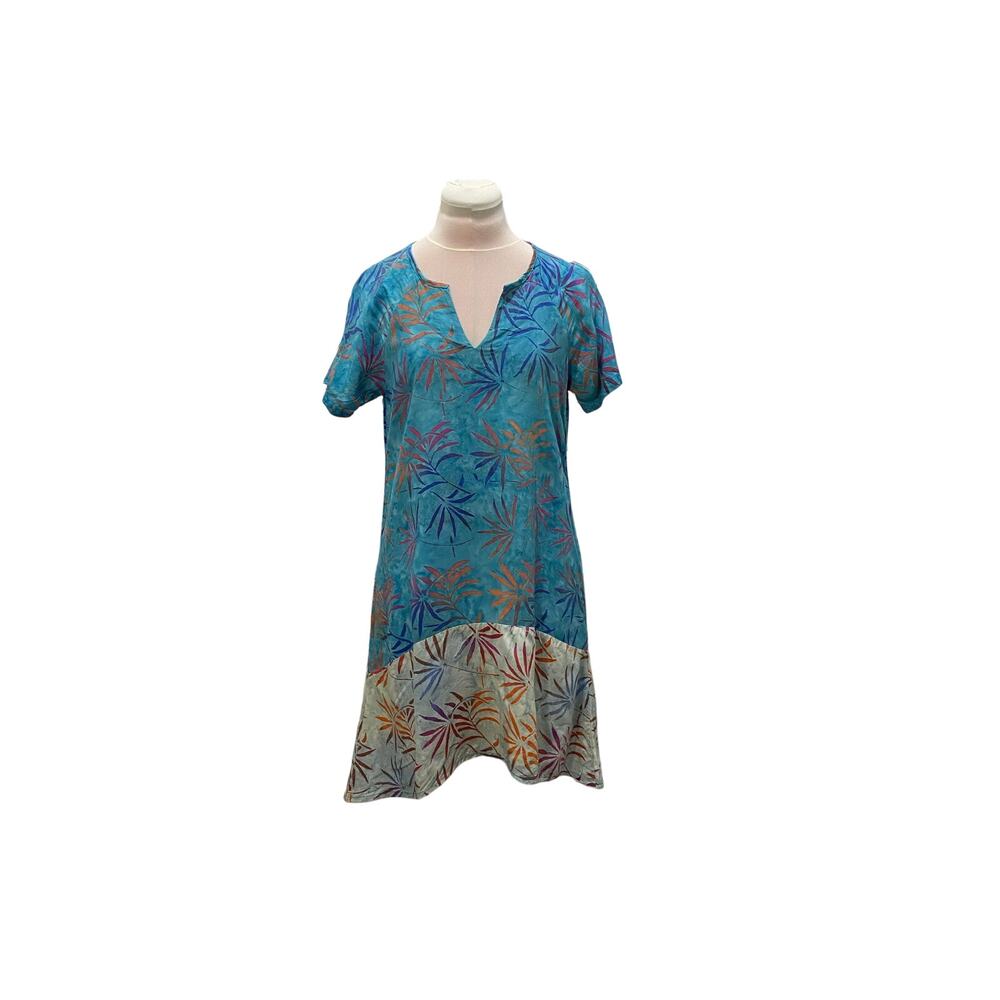 NWT GO FISH Aqua Bamboo Print Mixed Dye Fabric Dress XSmall Tropical Boho Resort